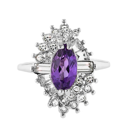 Vintage 1970s Amethyst and Clear Austrian Crystal Cocktail Ring - 18k White Gold Electroplated jewelry image 1