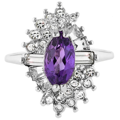 Vintage 1970s Amethyst and Clear Austrian Crystal Cocktail Ring - 18k White Gold Electroplated jewelry image 1