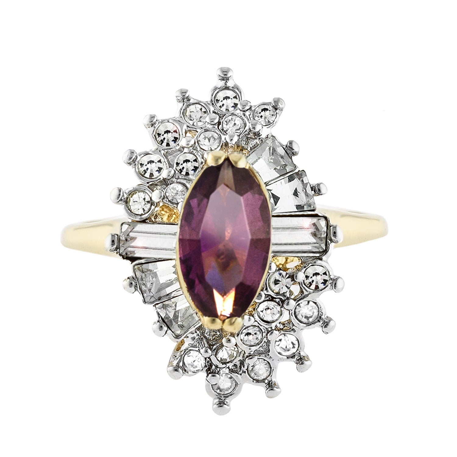 Vintage 1970s Amethyst and Clear Austrian Crystal Cocktail Ring - 18k Yellow Gold Electroplate jewelry image 1