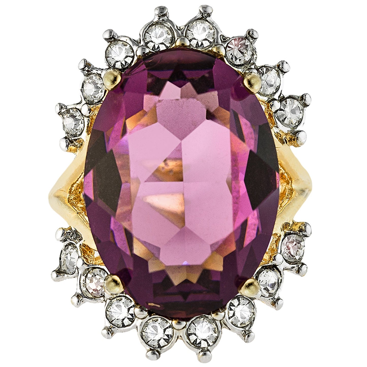 Vintage Amethyst and Clear Austrian Crystal Cocktail Ring - 18k Yellow Gold Electroplated - Made in USA jewelry image 1
