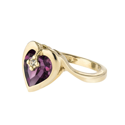 Vintage 1970s Heart Shape Amethyst Crystal Ring with Clear Austrian Crystal Accent – 18k Yellow Gold Electroplated jewelry image 1