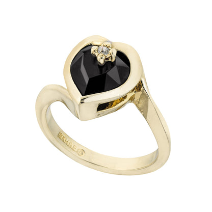 Vintage 1970s Heart Shape Ring with Jet Black Austrian Crystal 18k Gold Electroplated jewelry image 1
