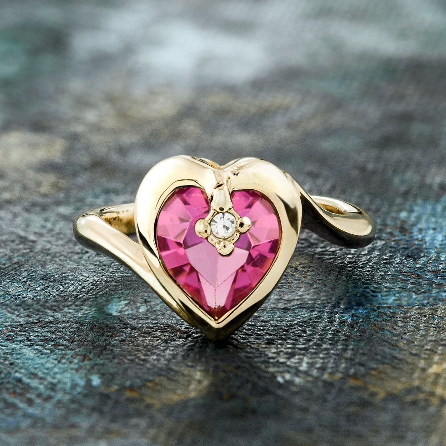Vintage 1970s Heart Shape Ring with Pink Tourmaline Austrian Crystal - 18k Gold Electroplated jewelry image 1