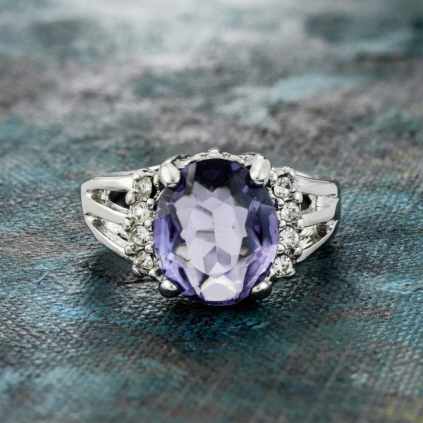 Vintage 1980s Tanzanite CZ Ring with Clear Austrian Crystals – 18k White Gold Electroplated jewelry image 1