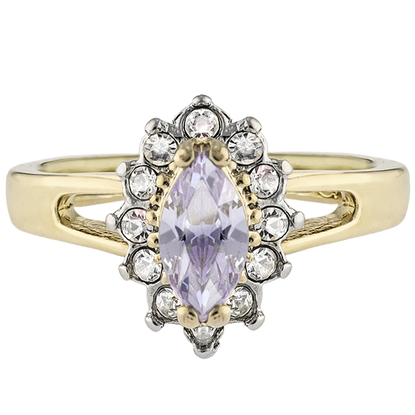 Vintage 1980s Austrian Crystal Marquise Halo Ring – 18kt HGE Yellow Gold Electroplated – Alexandrite Clear Crystal #R1314 jewelry image 1