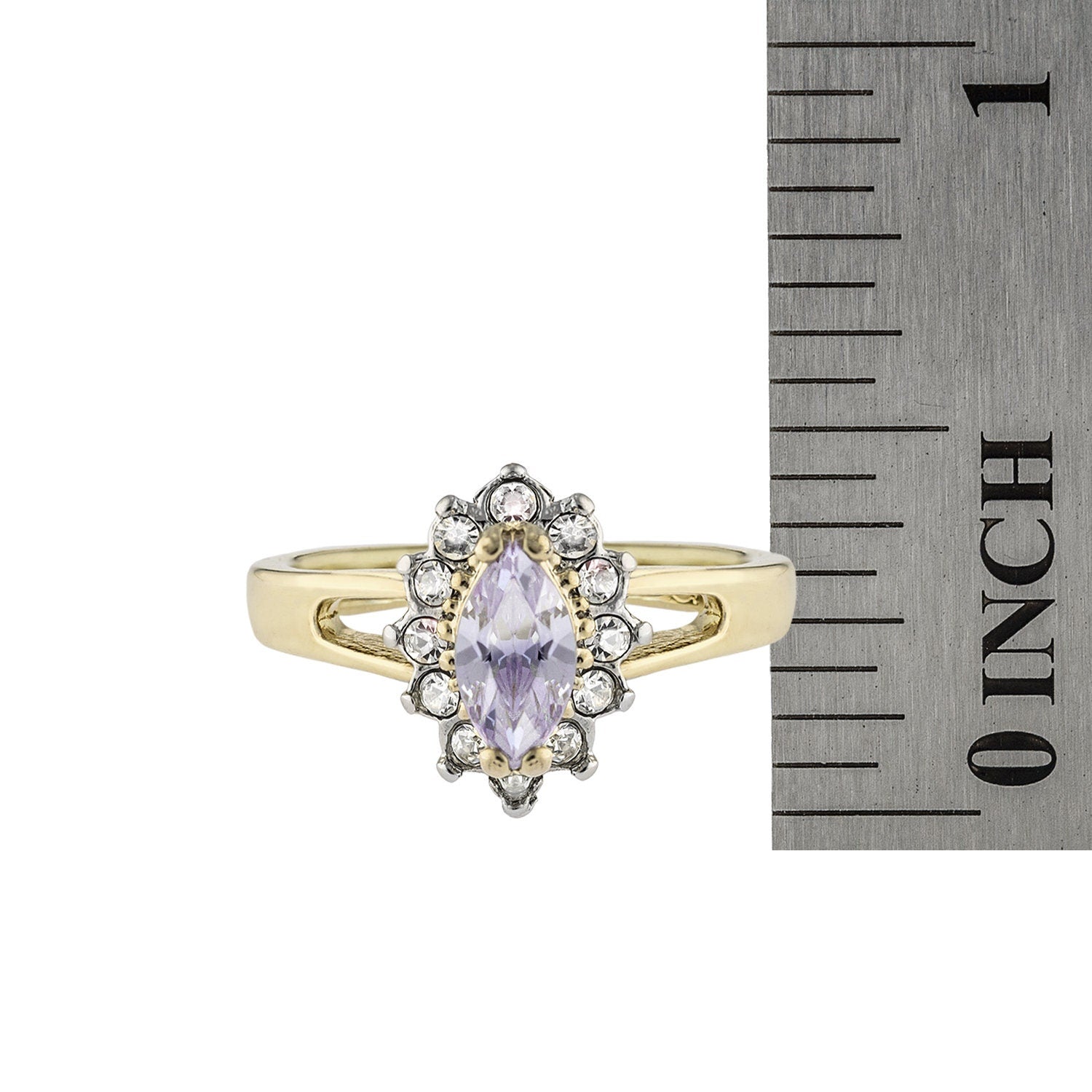 Vintage 1980s Austrian Crystal Marquise Halo Ring – 18kt HGE Yellow Gold Electroplated – Alexandrite Clear Crystal #R1314 jewelry image 1