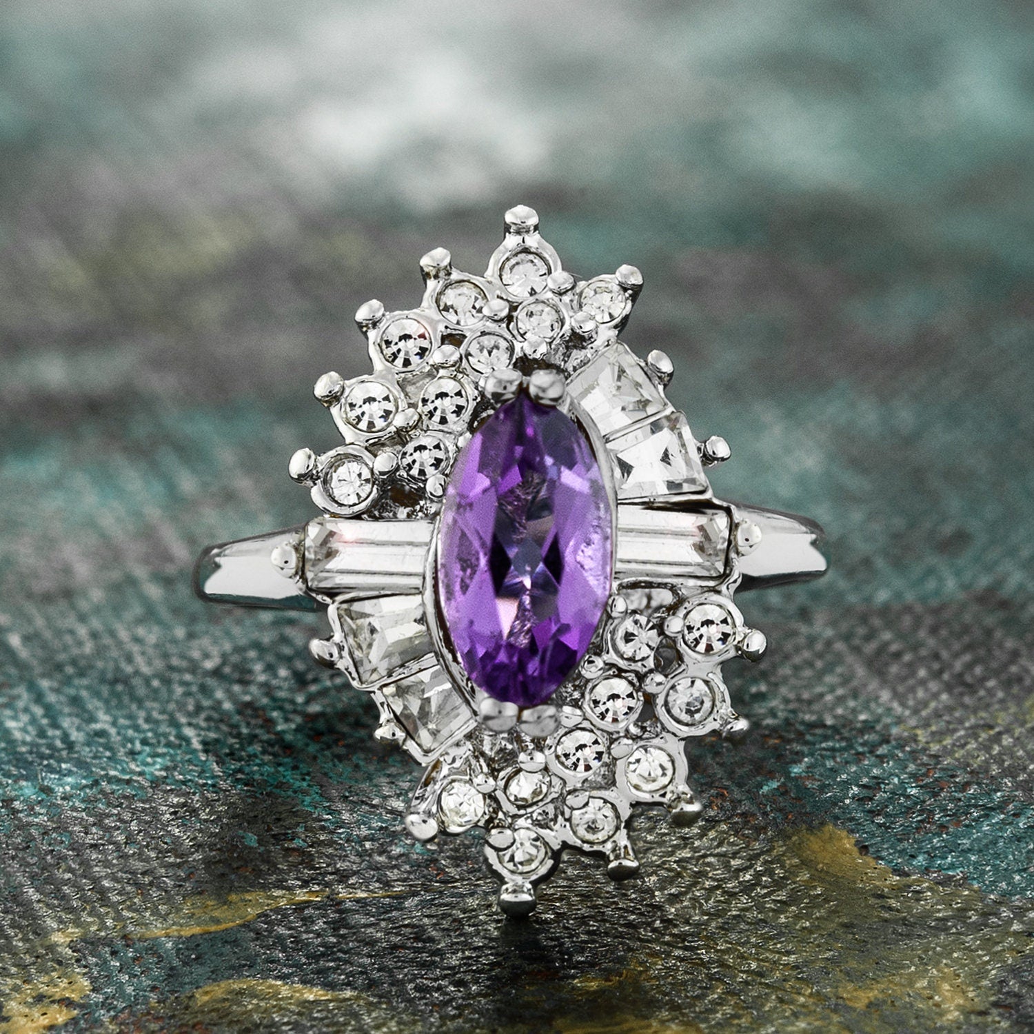 Vintage 1970s Amethyst and Clear Austrian Crystal Cocktail Ring - 18k White Gold Electroplated jewelry image 1