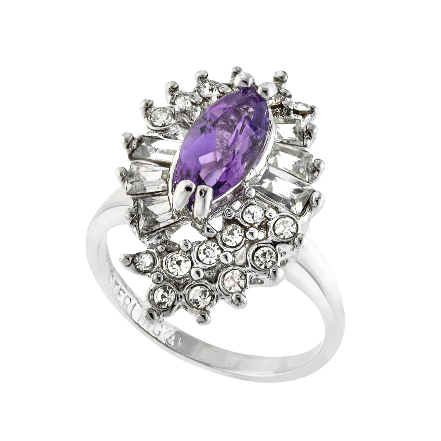 Vintage 1970s Amethyst and Clear Austrian Crystal Cocktail Ring - 18k White Gold Electroplated jewelry image 1
