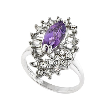 Vintage 1970s Amethyst and Clear Austrian Crystal Cocktail Ring - 18k White Gold Electroplated jewelry image 1