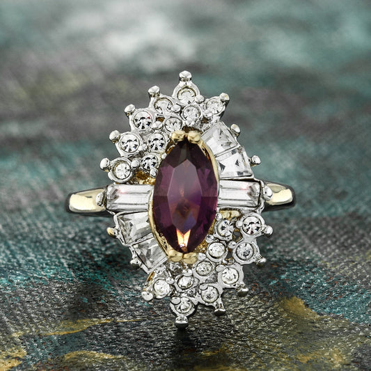 Vintage 1970s Amethyst and Clear Austrian Crystal Cocktail Ring - 18k Yellow Gold Electroplate jewelry image 1