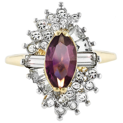 Vintage 1970s Amethyst and Clear Austrian Crystal Cocktail Ring - 18k Yellow Gold Electroplate jewelry image 1