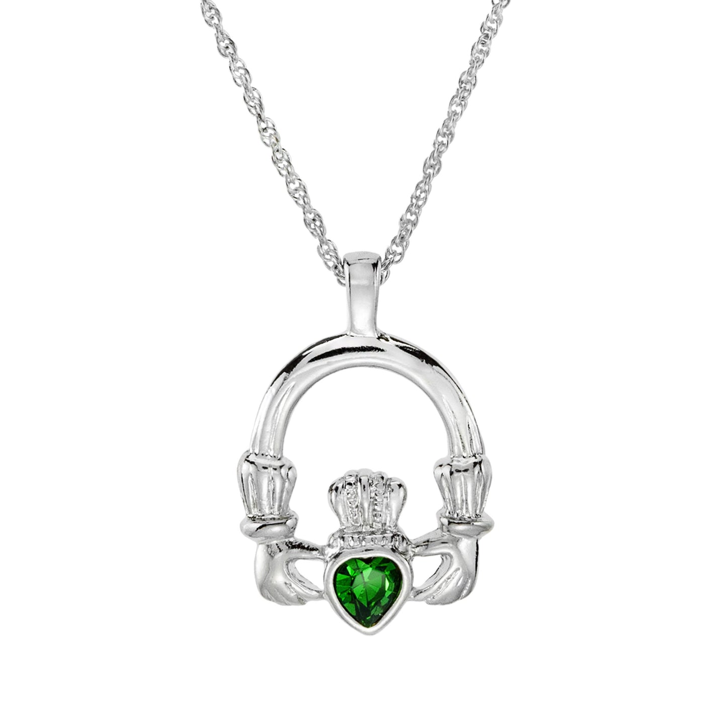 Vintage Claddagh Pendant Necklace with Green Tourmaline Austrian Heart Crystal - 18k White Gold Electroplated jewelry image 1