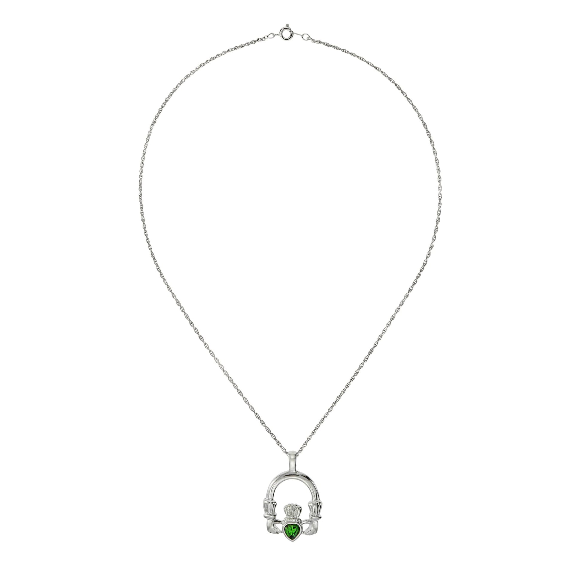 Vintage Claddagh Pendant Necklace with Green Tourmaline Austrian Heart Crystal - 18k White Gold Electroplated jewelry image 1