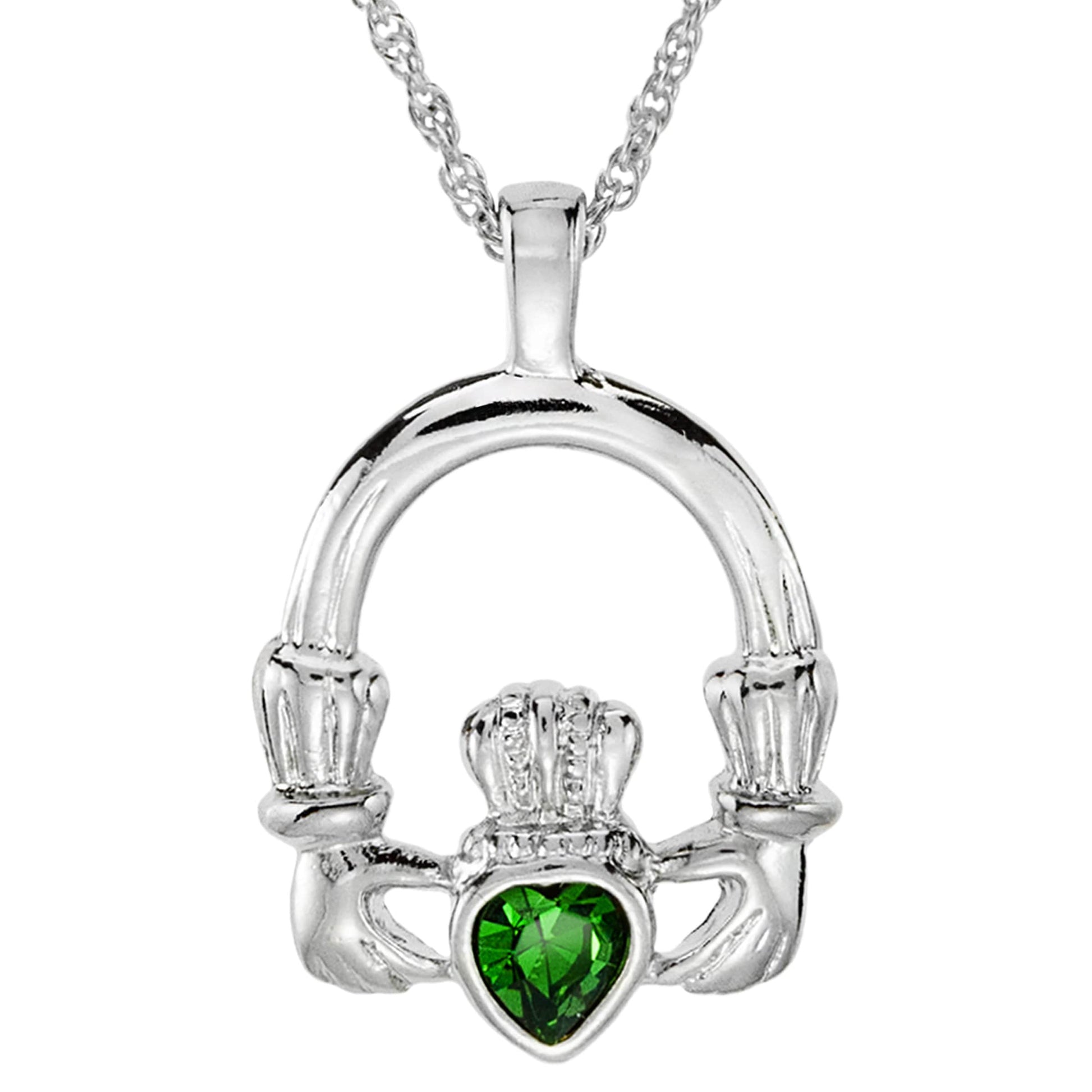 Vintage Claddagh Pendant Necklace with Green Tourmaline Austrian Heart Crystal - 18k White Gold Electroplated jewelry image 1