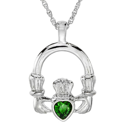 Vintage Claddagh Pendant Necklace with Green Tourmaline Austrian Heart Crystal - 18k White Gold Electroplated jewelry image 1