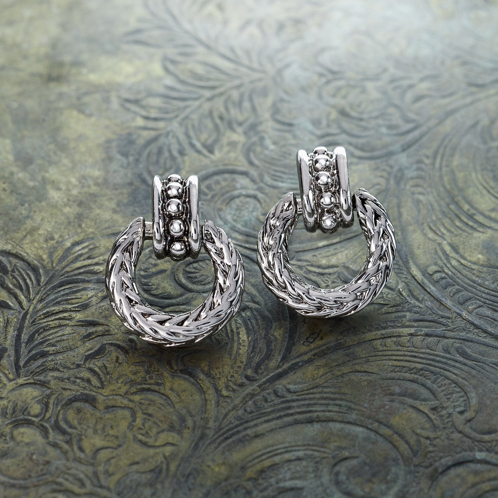 Vintage Oscar De La Renta Antiqued Silver Tone Braided Dangling Hoop Earrings jewelry image 1