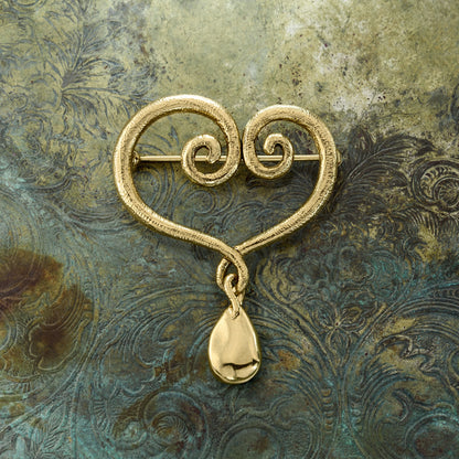 Oscar de la Renta Vintage Gold Tone Swirl Heart Brooch with Teardrop Dangle jewelry image 1