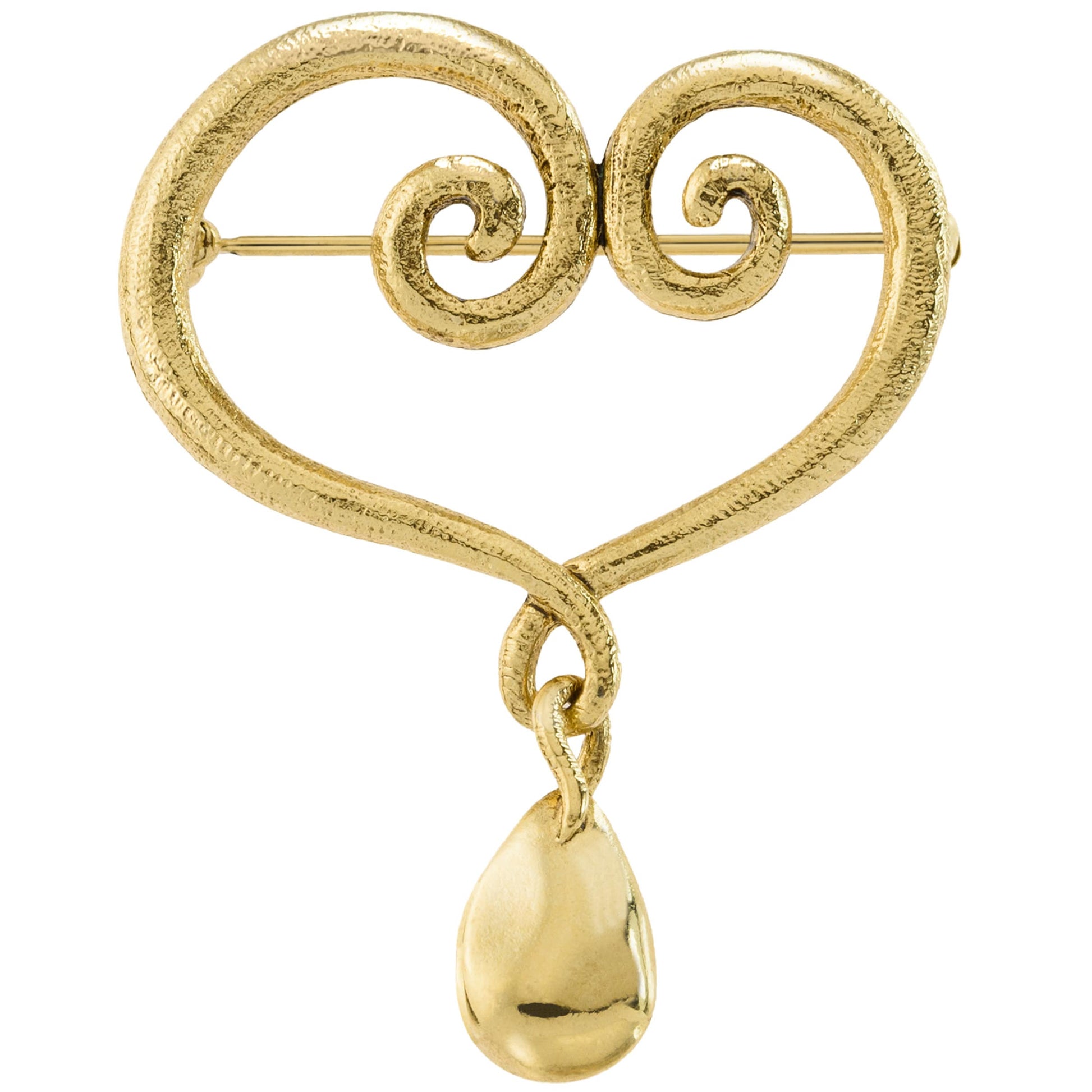 Oscar de la Renta Vintage Gold Tone Swirl Heart Brooch with Teardrop Dangle jewelry image 1