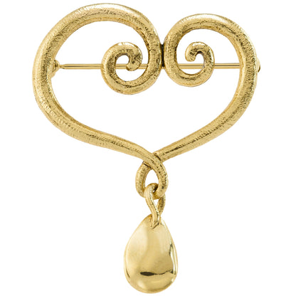 Oscar de la Renta Vintage Gold Tone Swirl Heart Brooch with Teardrop Dangle jewelry image 1