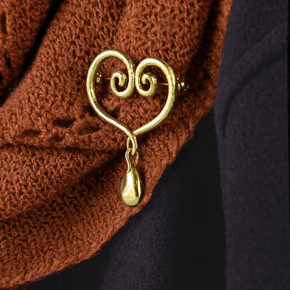 Oscar de la Renta Vintage Gold Tone Swirl Heart Brooch with Teardrop Dangle jewelry image 1