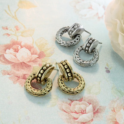 Vintage Oscar De La Renta Antiqued Silver Tone Braided Dangling Hoop Earrings jewelry image 1