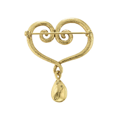 Oscar de la Renta Vintage Gold Tone Swirl Heart Brooch with Teardrop Dangle jewelry image 1