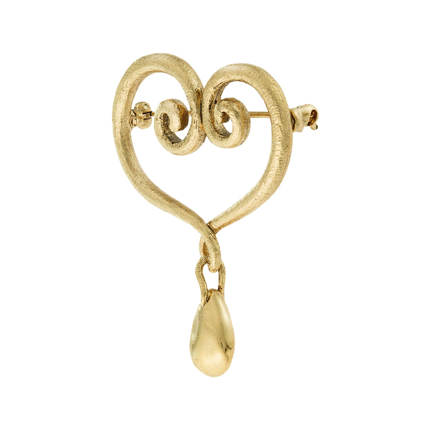Oscar de la Renta Vintage Gold Tone Swirl Heart Brooch with Teardrop Dangle jewelry image 1