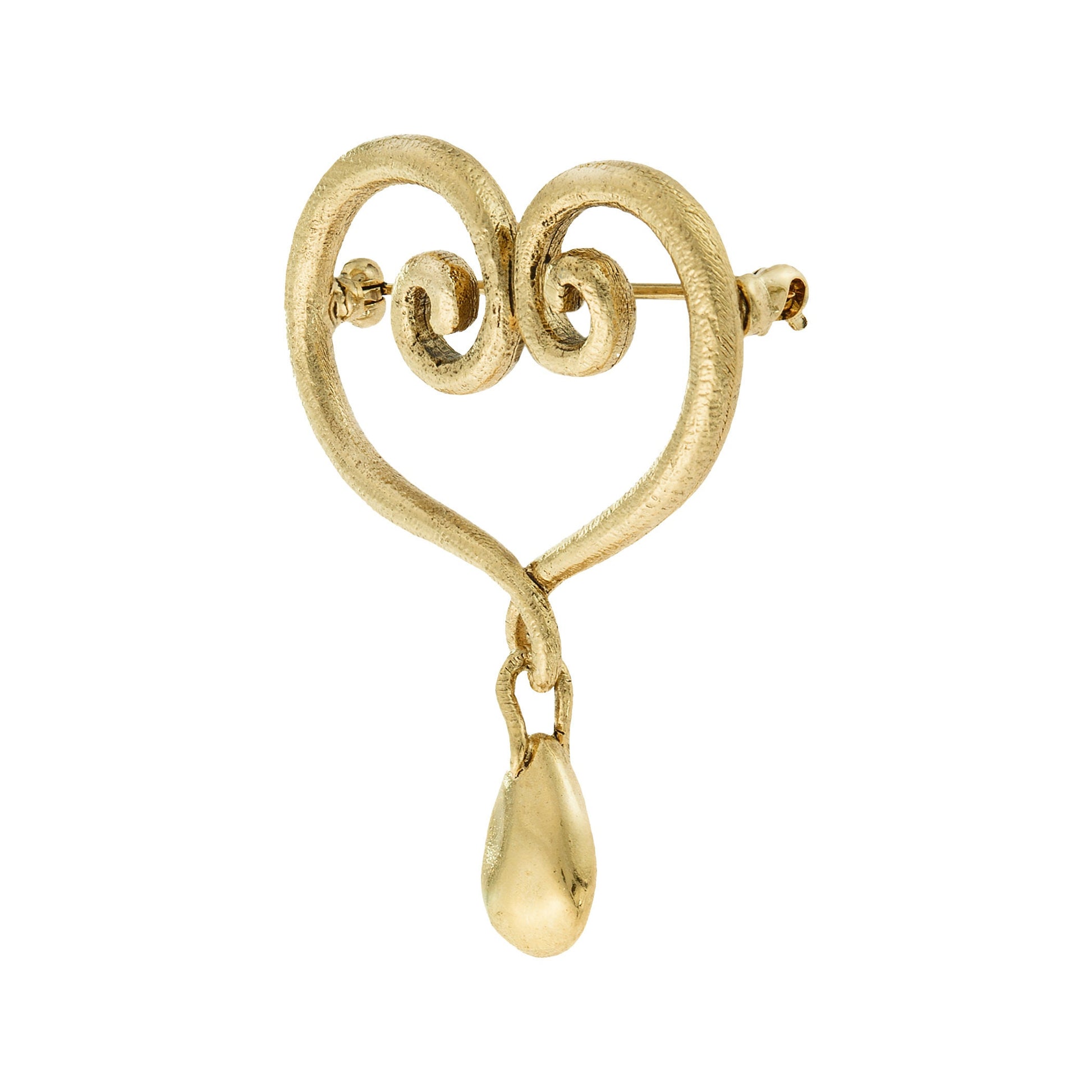 Oscar de la Renta Vintage Gold Tone Swirl Heart Brooch with Teardrop Dangle jewelry image 1