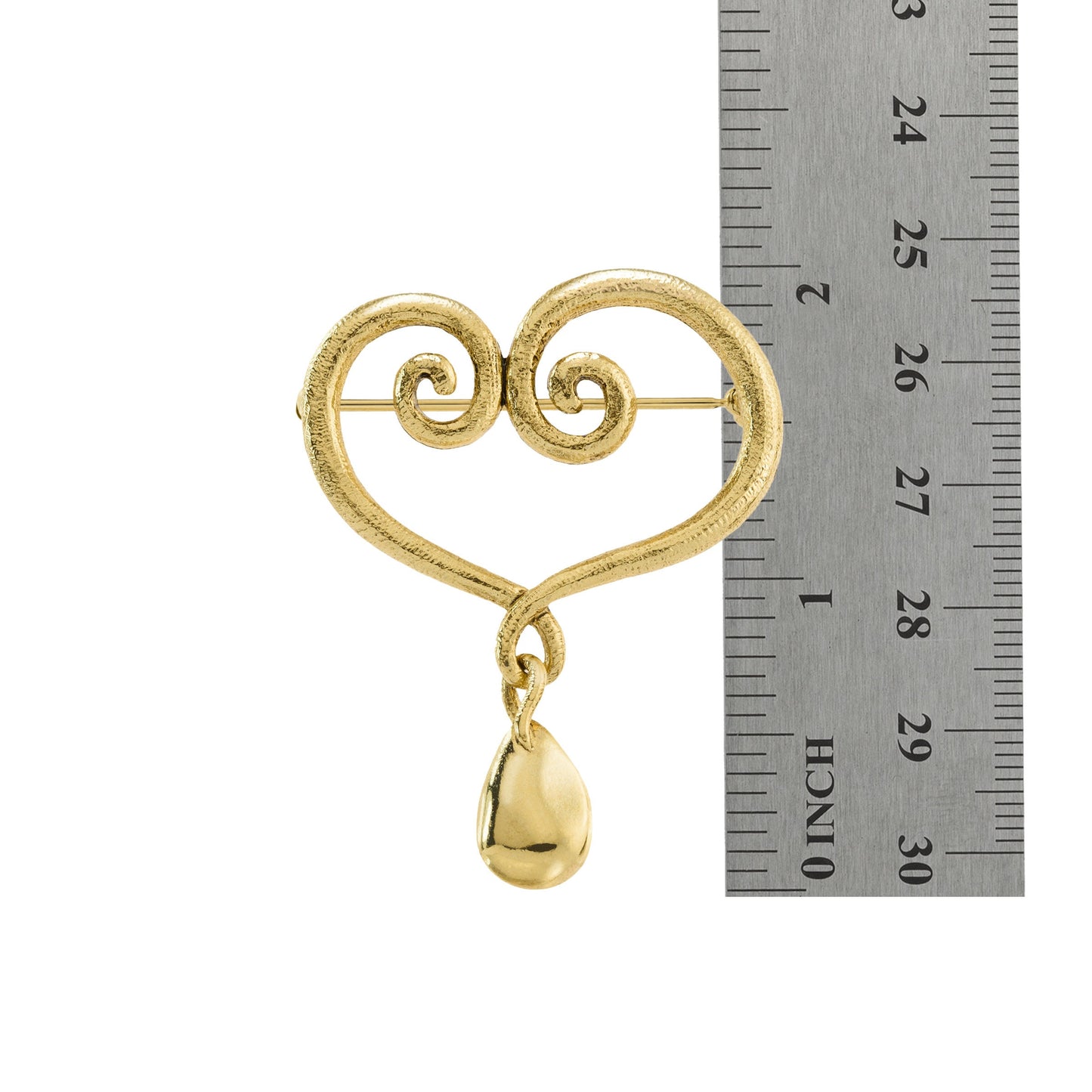 Oscar de la Renta Vintage Gold Tone Swirl Heart Brooch with Teardrop Dangle jewelry image 1