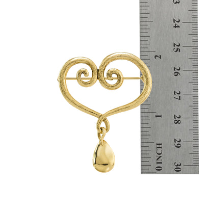 Oscar de la Renta Vintage Gold Tone Swirl Heart Brooch with Teardrop Dangle jewelry image 1