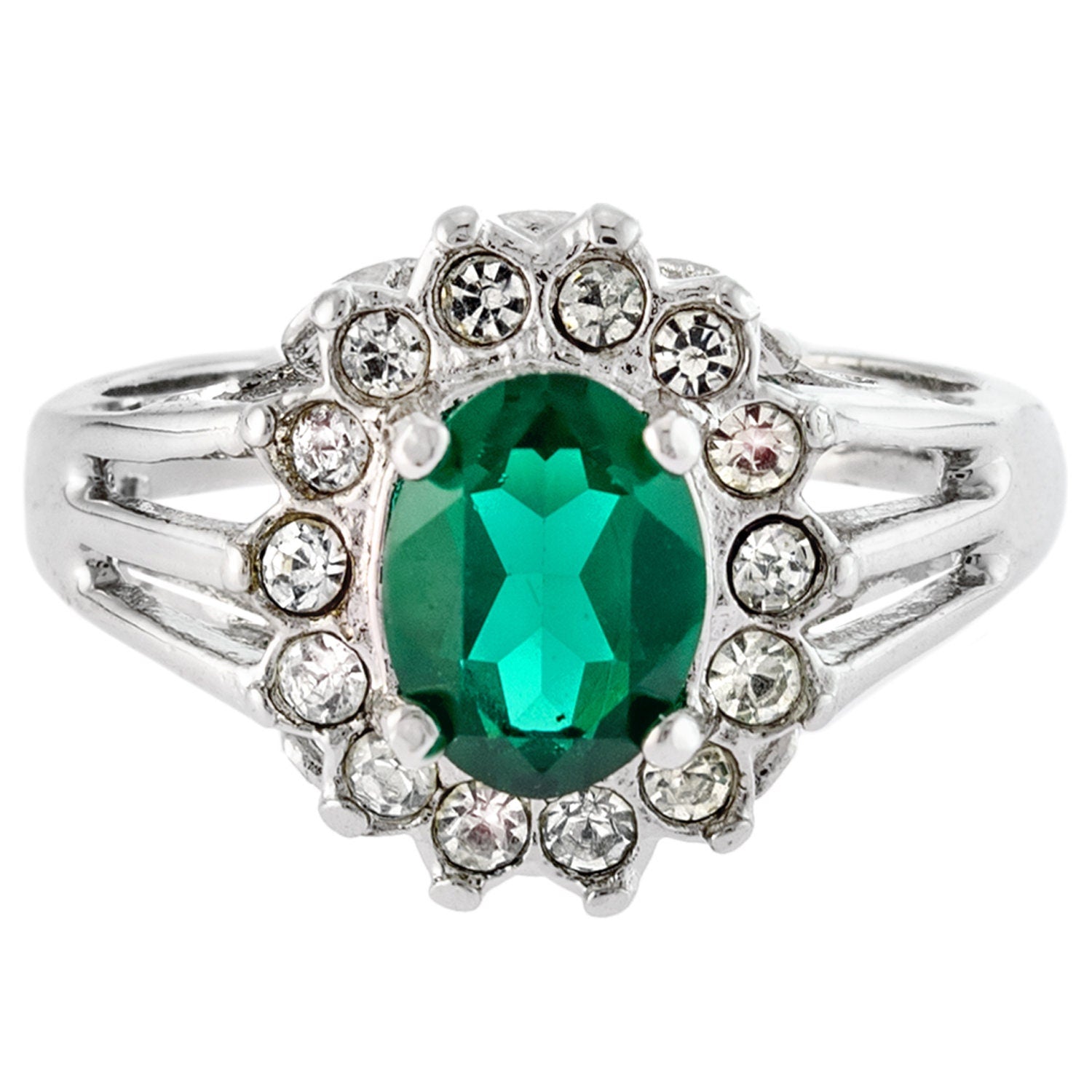 Vintage Emerald and Clear Austrian Crystal Ring - 18k White Gold Electroplated - Made in USA jewelry image 1