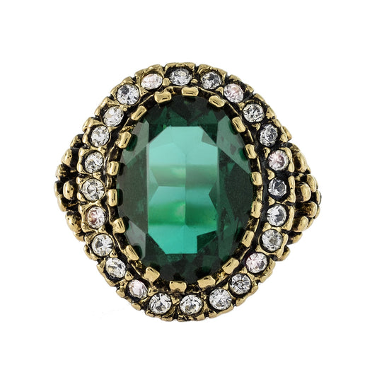 Vintage Edwardian Style Emerald Green & Clear Crystal Cocktail Ring – 18k Gold Electroplated jewelry image 1