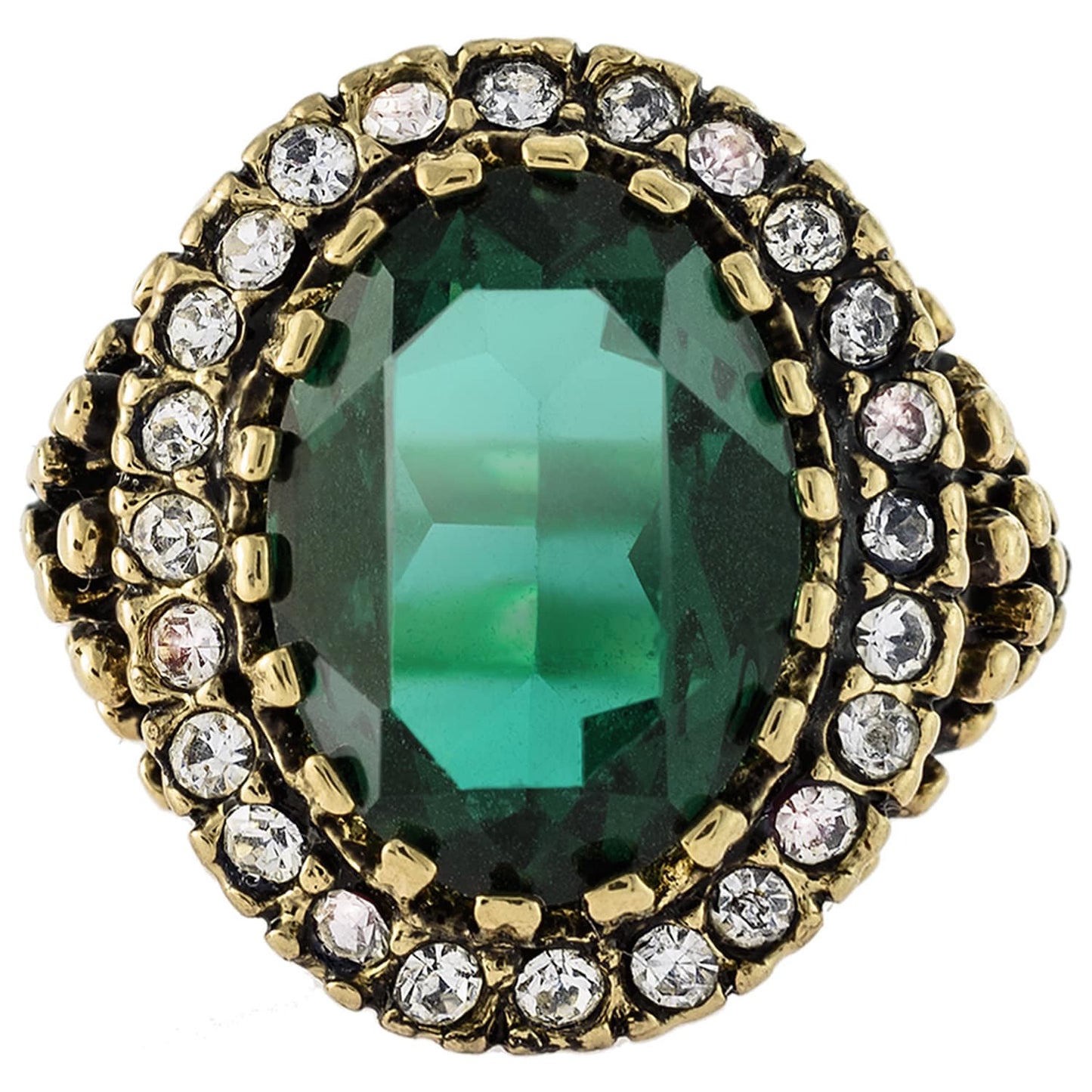 Vintage Emerald and Clear Crystal Edwardian Style Ring – 18k Gold Electroplated Antiqued Setting jewelry image 1