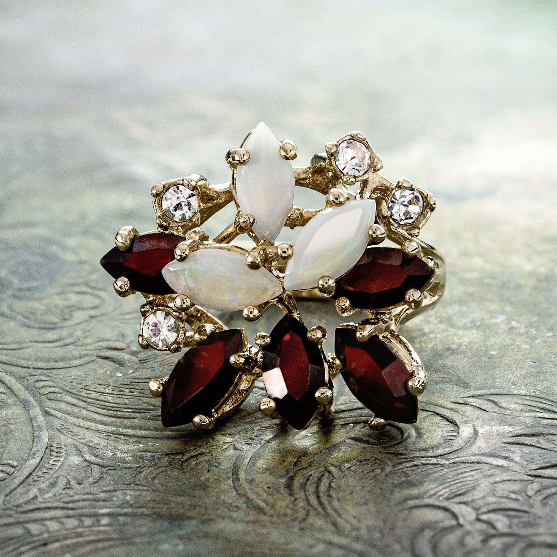 Vintage Genuine Opal Cluster Ring with Garnet and Clear Austrian Crystals – 18k Gold Electroplated jewelry image 1