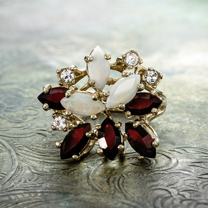 Vintage Genuine Opal Cluster Ring with Garnet and Clear Austrian Crystals – 18k Gold Electroplated jewelry image 1
