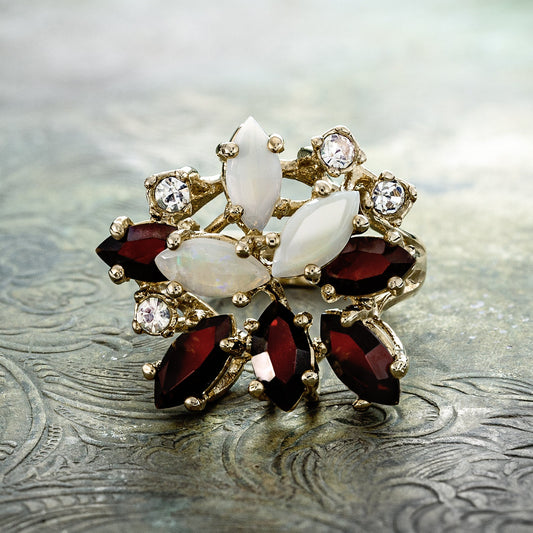 Vintage Genuine Opal Cluster Ring with Garnet and Clear Austrian Crystals – 18k Gold Electroplated jewelry image 1