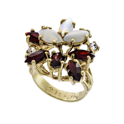 Vintage Genuine Opal Cluster Ring with Garnet and Clear Austrian Crystals – 18k Gold Electroplated jewelry image 1