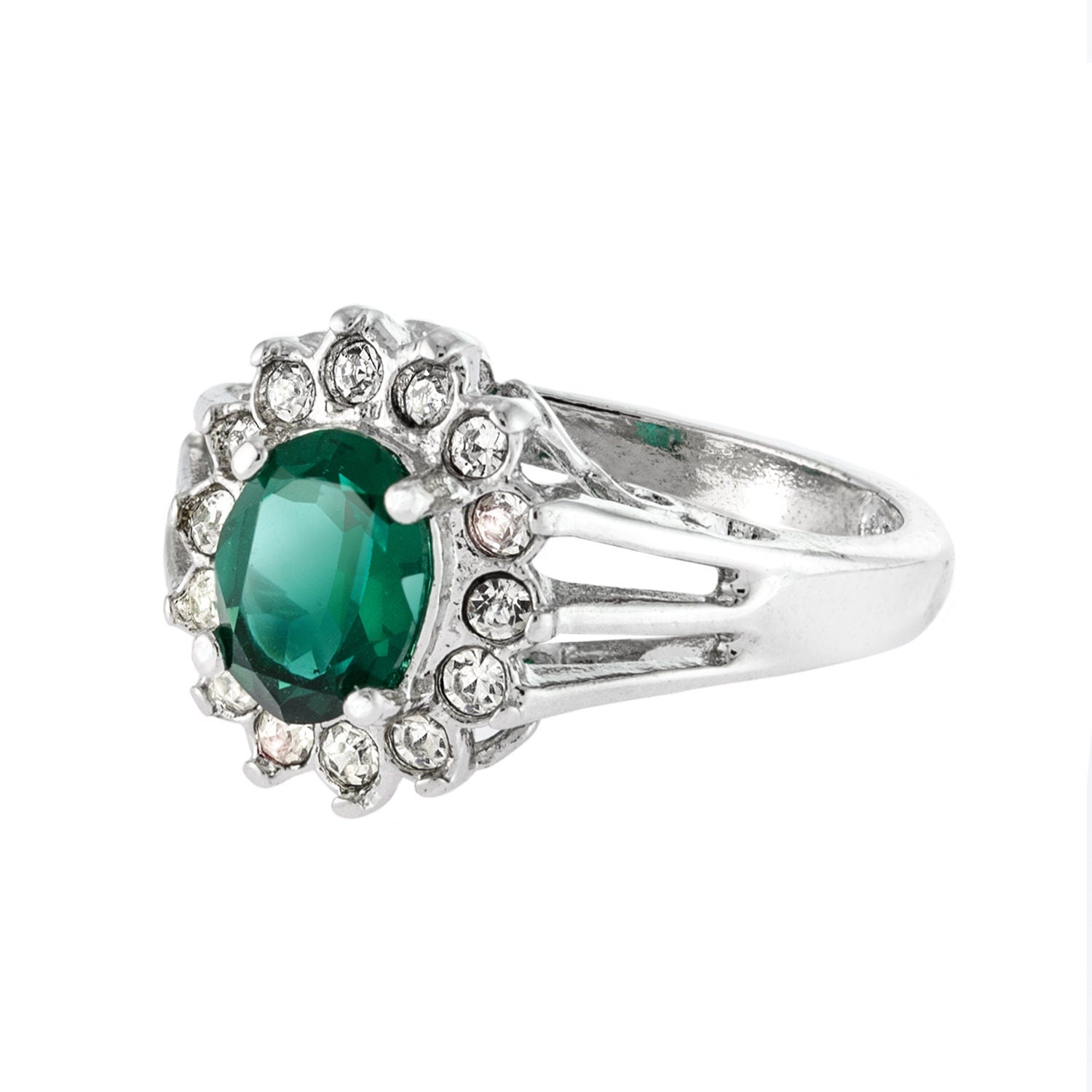 Vintage Emerald and Clear Austrian Crystal Ring - 18k White Gold Electroplated - Made in USA jewelry image 1