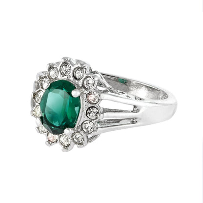 Vintage Emerald and Clear Austrian Crystal Ring - 18k White Gold Electroplated - Made in USA jewelry image 1