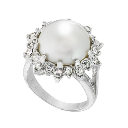 Vintage 1970s Faux Pearl and Austrian Crystal Ring – 18k White Gold Electroplated – Made in USA jewelry image 1