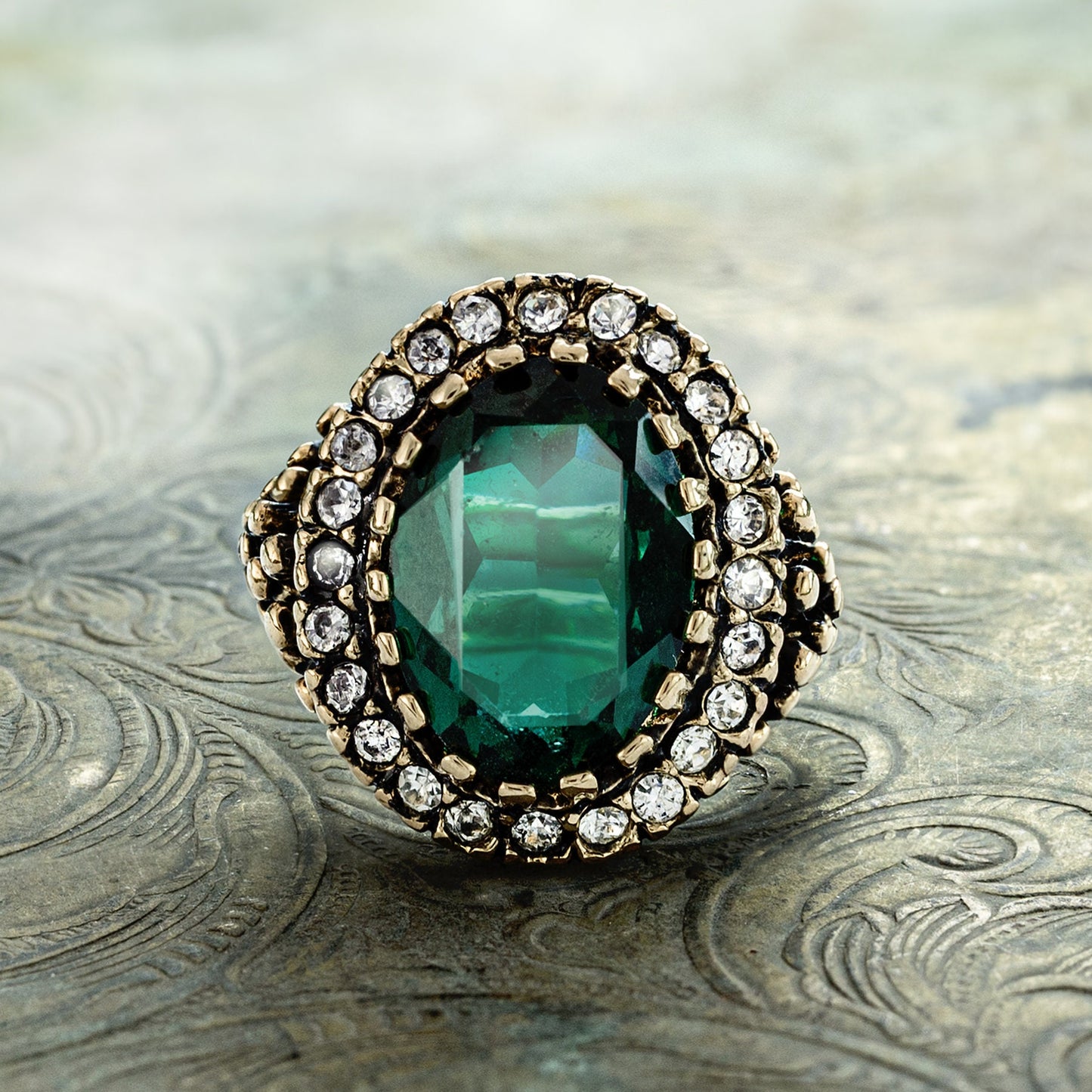 Vintage Edwardian Style Emerald Green & Clear Crystal Cocktail Ring – 18k Gold Electroplated jewelry image 1