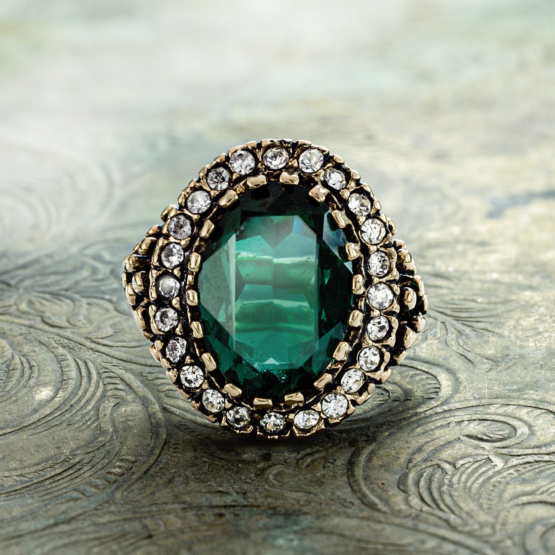 Vintage Edwardian Style Emerald Green & Clear Crystal Cocktail Ring – 18k Gold Electroplated jewelry image 1