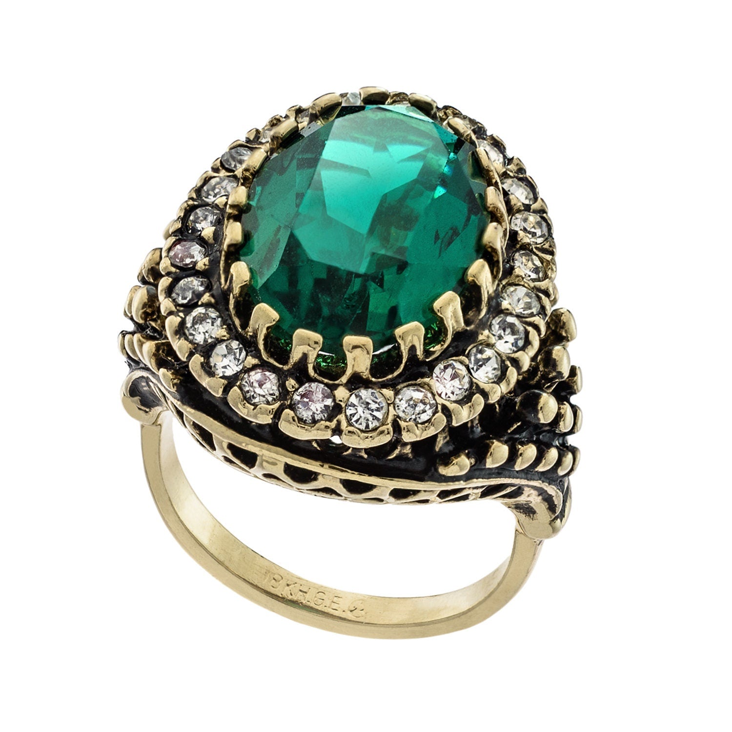 Vintage Emerald and Clear Crystal Edwardian Style Ring – 18k Gold Electroplated Antiqued Setting jewelry image 1