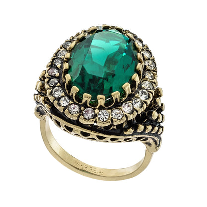 Vintage Emerald and Clear Crystal Edwardian Style Ring – 18k Gold Electroplated Antiqued Setting jewelry image 1
