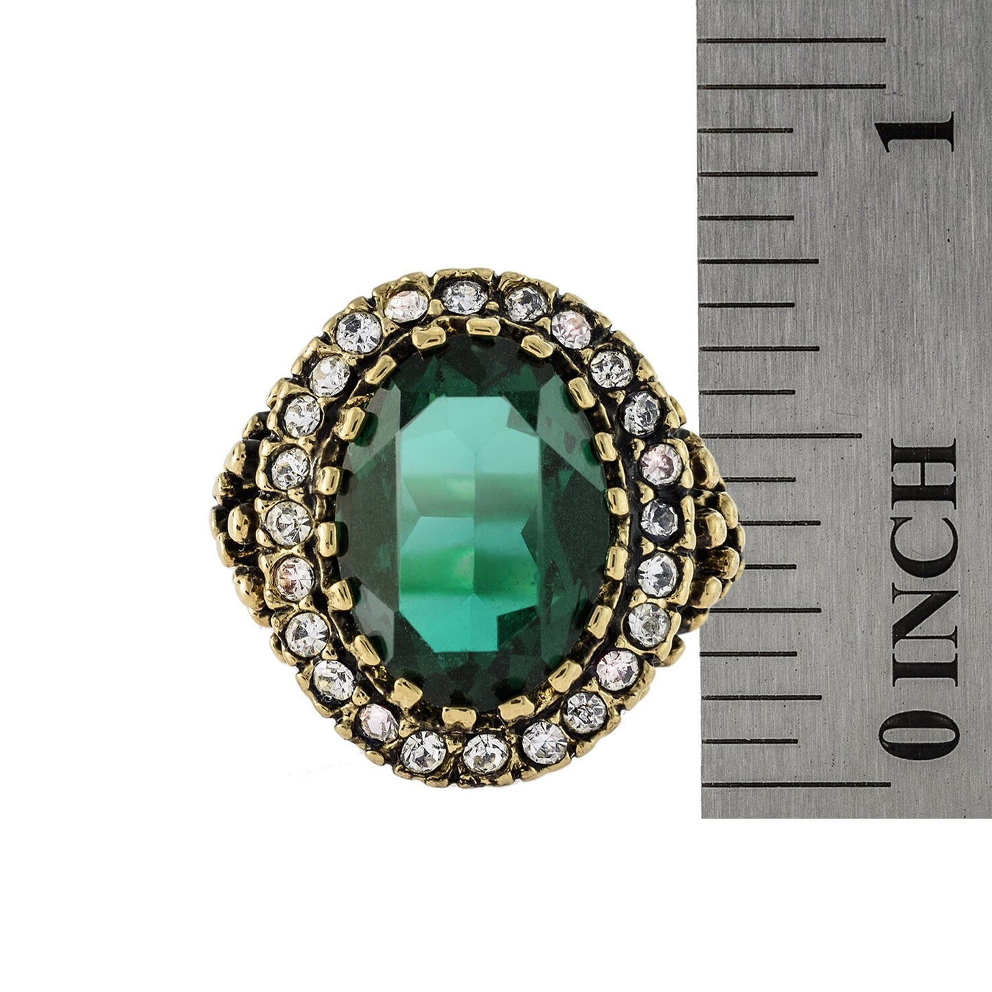 Vintage Edwardian Style Emerald Green & Clear Crystal Cocktail Ring – 18k Gold Electroplated jewelry image 1