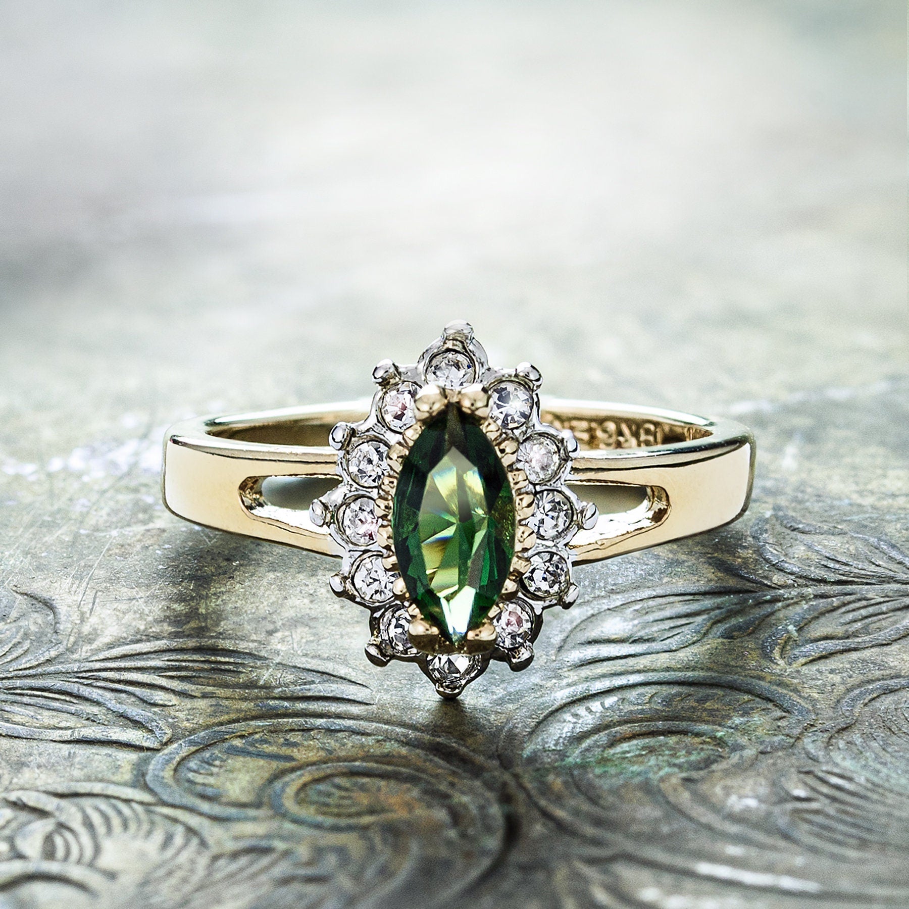 Vintage 1980s Green Tourmaline Austrian Crystal Halo Ring - 18KGE Yellow Gold Electroplated #R1314 jewelry image 1