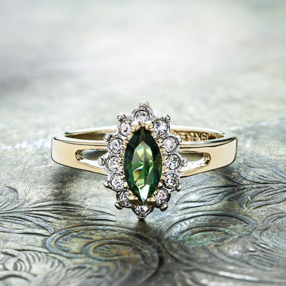 Vintage 1980s Green Tourmaline Austrian Crystal Halo Ring - 18KGE Yellow Gold Electroplated #R1314 jewelry image 1