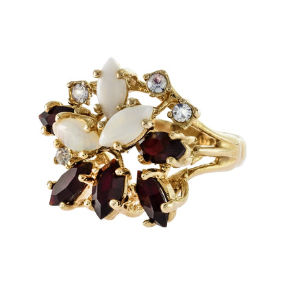 Vintage Genuine Opal Cluster Ring with Garnet and Clear Austrian Crystals – 18k Gold Electroplated jewelry image 1