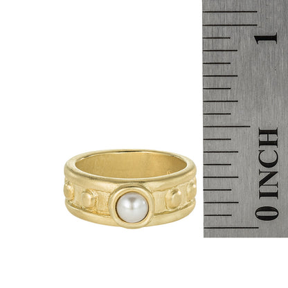 Vintage 1970s Glass Pearl Solitaire Ring - 18k Yellow Gold Electroplated Brushed Band Made in USA jewelry image 1