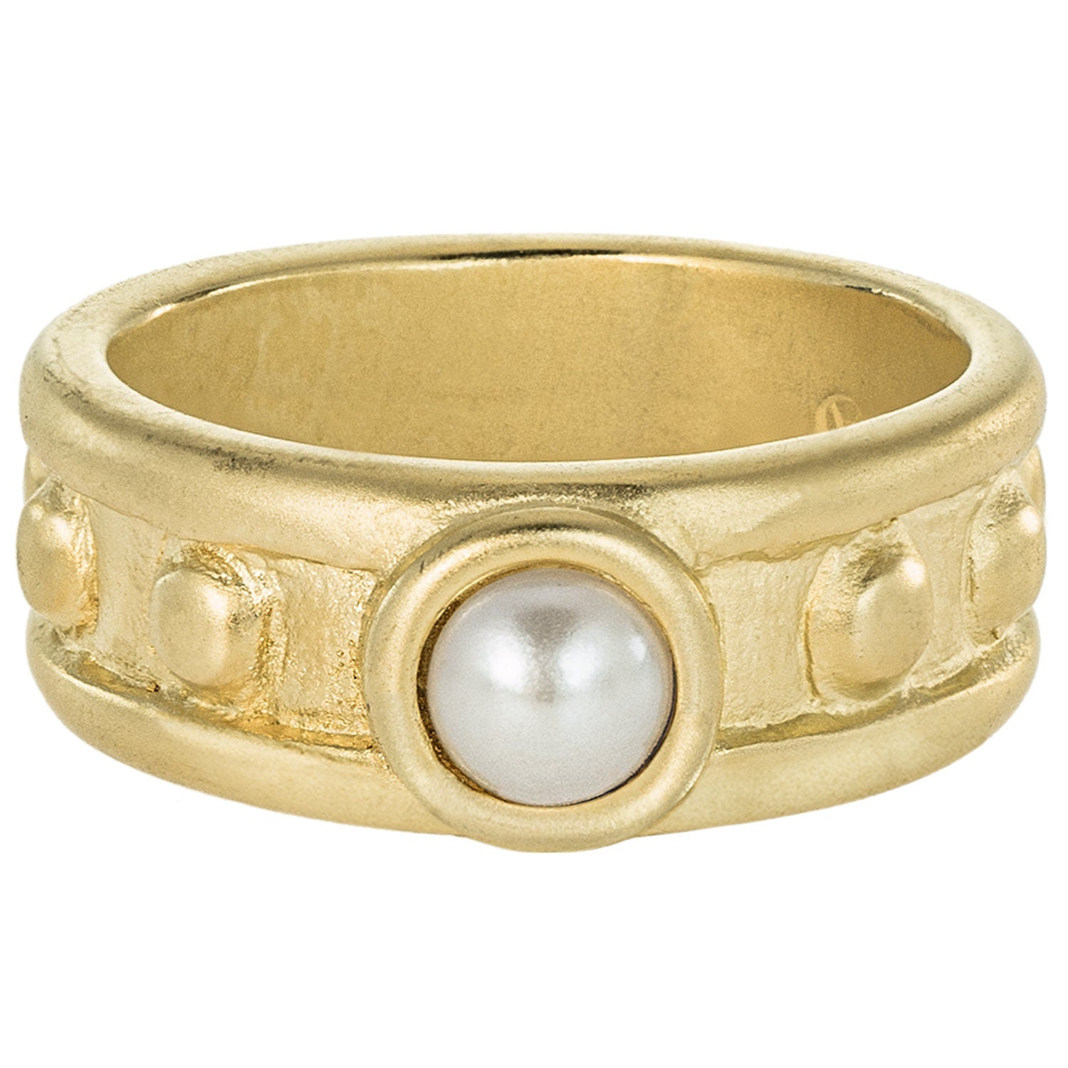 Vintage 1970s Glass Pearl Solitaire Ring - 18k Yellow Gold Electroplated Brushed Band Made in USA jewelry image 1